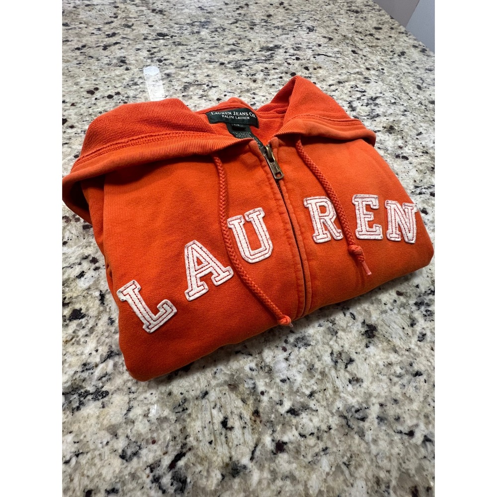 Vintage Lauren Ralph Lauren Orange Zip Up Hoodie Spellout XL Cotton Sweatshirt